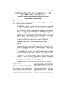 THE MYRMICINE ANT GENUS ALLOMERUS MAYR (HYMENOPTERA: FORMICIDAE) El Género De Hormigas Myrmicinae Allomerus Mayr (Hymenoptera: Formicidae)
