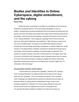 Bodies and Identities​ Is Online: Cyberspace, Digital Embodiment