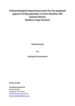 Palaeontological Impact Assessment for the Proposed Gypsum Mining Operation on Farm Kanakies 332 Calvinia District, Northern Cape Province