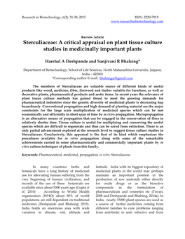 Sterculiaceae: a Critical Appraisal on Plant Tissue Culture Studies in Medicinally Important Plants