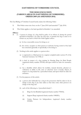 East Riding of Yorkshire Council the Dogs Exclusion (Various Areas In