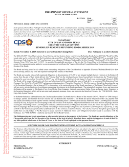 CITY of SAN ANTONIO, TEXAS ELECTRIC and GAS SYSTEMS Ld Ld Nor May Offers to Buy Be Ac JUNIOR LIEN REVENUE REFUNDING BONDS, SERIES 2019