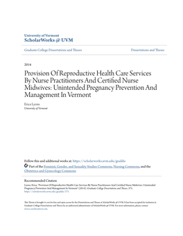 Provision of Reproductive Health Care Services by Nurse Practitioners and Certified Nurse Midwives: Unintended Pregnancy Prevention and Management in Vermont" (2014)