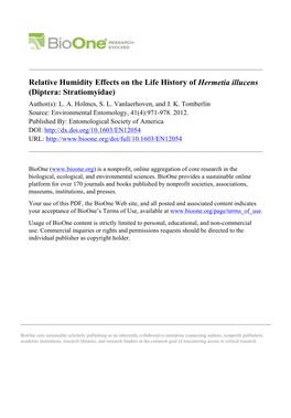 Relative Humidity Effects on the Life History of Hermetia Illucens (Diptera: Stratiomyidae) Author(S): L