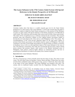 The Lanao Sultanate in the 17Th Century Zakāt System with Special Reference to the Islamic Perspective of Al-Māwardī SOHAYLE M