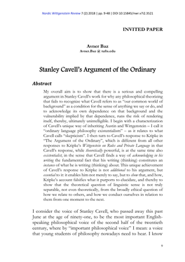 Stanley Cavell's Argument of the Ordinary