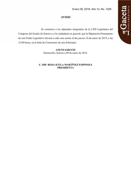 Enero 09, 2018. Año 12, No. 1026 Se Comunica a Los Diputados