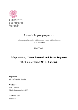 Master's Degree Programme Mega-Events, Urban Renewal And