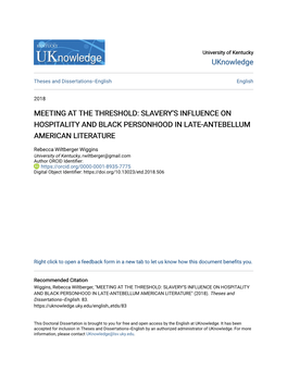 Slavery's Influence on Hospitality and Black Personhood in Late