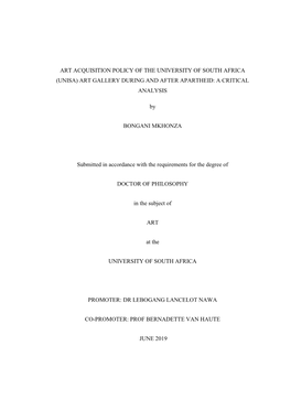Art Acquisition Policy of the University of South Africa (Unisa) Art Gallery During and After Apartheid: a Critical Analysis