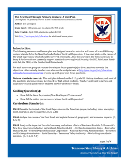 The New Deal Through Primary Sources: a Unit Plan Lesson Plans for Primary Sources at the Tennessee State Library & Archives Author: Joel Covington