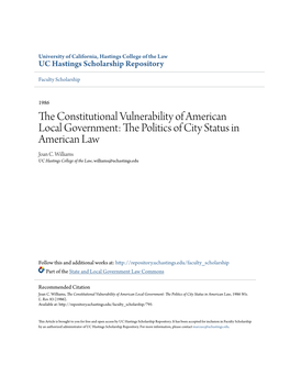 The Constitutional Vulnerability of American Local Government: the Politics of City Status in American Law, 1986 Wis