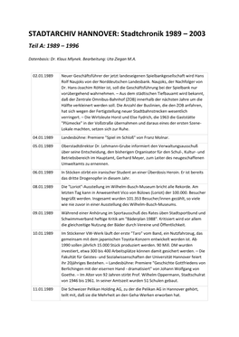 STADTARCHIV HANNOVER: Stadtchronik 1989 – 2003 Teil A: 1989 – 1996