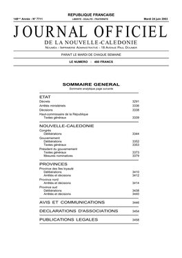 Journal Officiel De La Nouvelle-Caledonie Nouméa - Imprimerie Administrative - 18 Avenue Paul Doumer