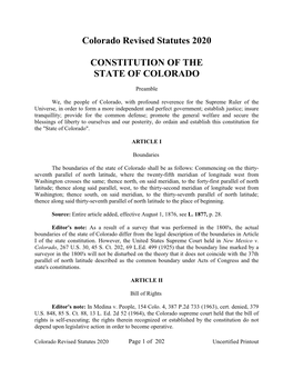 Colorado Revised Statutes 2020 CONSTITUTION of the STATE of COLORADO