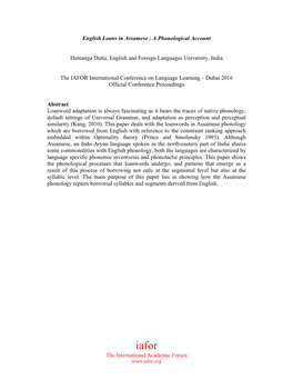 A Phonological Account Hemanga Dutta, English and Foreign Languages University, India the IAFOR Inte