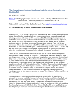 Our Singing Country": John and Alan Lomax, Leadbelly, and the Construction of an American Past
