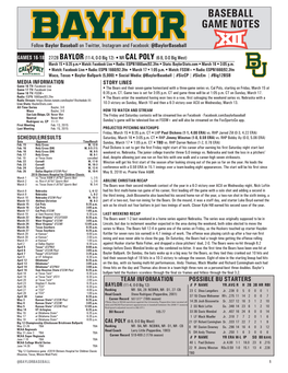 BASEBALL GAME NOTES 2019 QUICK FACTS TEAM QUICK NOTES in the NATIONAL RANKINGS UNIVERSITY • the Bears Boast the 10Th-Highest Batting Average in the Nation (.318)