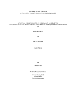 Sapon Riki Ba Kain Toromon: a Study of the I-Kiribati Community in Solomon Islands