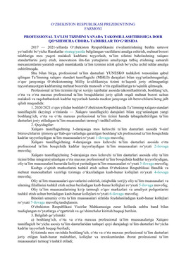 O'zbekiston Respublikasi Prezidentining Farmoni Professional Ta'lim Tizimini Yanada Takomillashtirishga Doir Qo'shimcha Ch