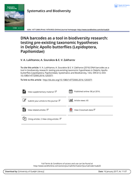 DNA Barcodes As a Tool in Biodiversity Research: Testing Pre-Existing Taxonomic Hypotheses in Delphic Apollo Butterflies (Lepidoptera, Papilionidae)
