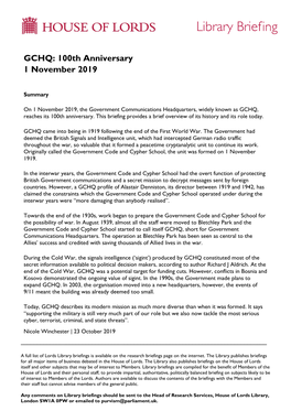 GCHQ: 100Th Anniversary 1 November 2019