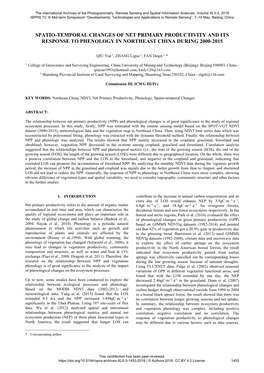 Spatio-Temporal Changes of Net Primary Productivity and Its Response to Phenology in Northeast China During 2000-2015