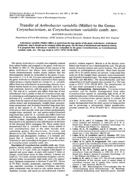 Transfer of Arthrobacter Variabilis (Muller) to the Genus Corynebacterium, As Corynebacterium Variabilis Comb. Nov