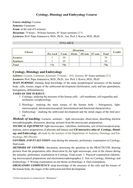 Cytology, Histology and Embryology І Course