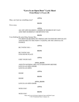 “Love Is an Open Door” Lyric Sheet from Disney’S Frozen JR