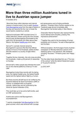 Than Three Million Austrians Tuned in Live to Austrian Space Jumper 15 October 2012