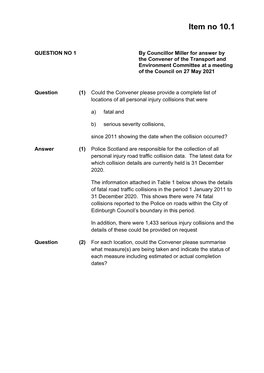 QUESTION NO 1 by Councillor Miller for Answer by the Convener of the Transport and Environment Committee at a Meeting of the Council on 27 May 2021