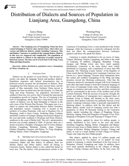 Distribution of Dialects and Sources of Population in Lianjiang Area, Guangdong, China