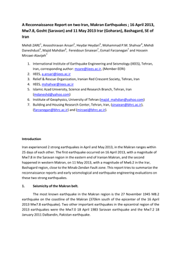 A Reconnaissance Report on Two Iran, Makran Earthquakes ; 16 April 2013, Mw7.8, Gosht (Saravan) and 11 May 2013 Irar (Goharan), Bashagard, SE of Iran