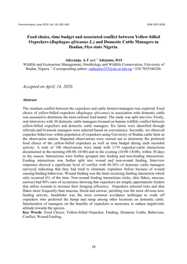 Food Choice, Time Budget and Associated Conflict Between Yellow-Billed Oxpeckers (Buphagus Africanus L.) and Domestic Cattle Managers in Ibadan, Oyo State Nigeria