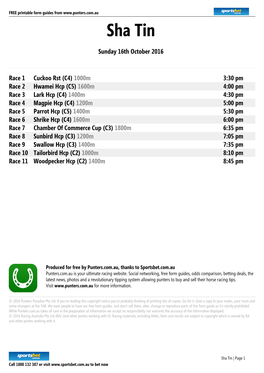 Sha Tin Printable Form Guide