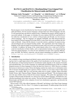 Arxiv:2010.12174V1 [Cs.CL] 23 Oct 2020 Siﬁcation Benchmarks from Online News Articles