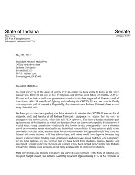 State of Indiana Senate State House (317) 232-9400 200 West Washington Street Indianapolis, Indiana 46204-2785