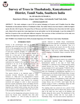 Survey of Trees in Thazhakudy, Kanyakumari District, Tamil Nadu, Southern India Dr