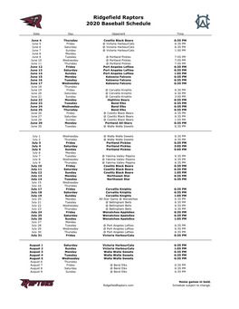 2020 Ridgefield Raptors Schedule