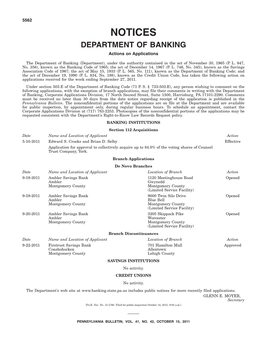 NOTICES DEPARTMENT of BANKING Actions on Applications