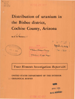 Distribution of Uranium In· the Bisbee District, Cochise County, Arizona