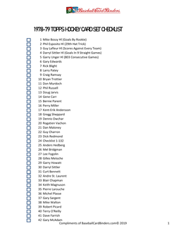 1978-79 Topps Hockey Card Set Checklist