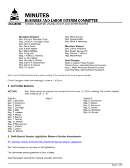 MINUTES BUSINESS and LABOR INTERIM COMMITTEE Tuesday, August 18, 2020|1:30 P.M.|210 Senate Building