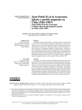 Juan Pablo II En La Araucanía. Iglesia Y Pueblo Mapuche En Chile (1961-1987)* Juan Pablo II in the Araucania