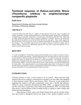 Territorial Response of Rufous-And-White Wrens (Thryothorus Rufalbus) to Neighbor/Stranger Conspecific Playbacks