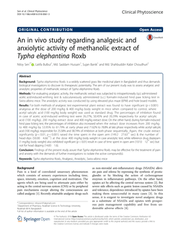 An in Vivo Study Regarding Analgesic and Anxiolytic Activity of Methanolic Extract of Typha Elephantina Roxb Niloy Sen1* , Latifa Bulbul1, Md