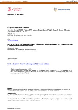 University of Groningen Enzymatic Synthesis of Vanillin Van