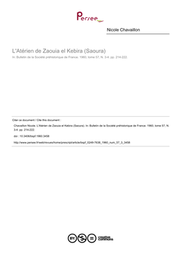 L'atérien De Zaouia El Kebira (Saoura) In: Bulletin De La Société Préhistorique De France