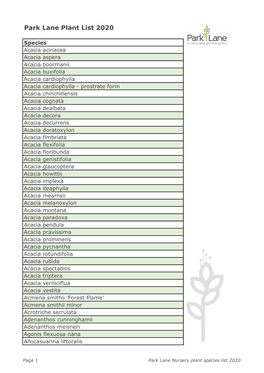 Park Lane Nursery Plant List